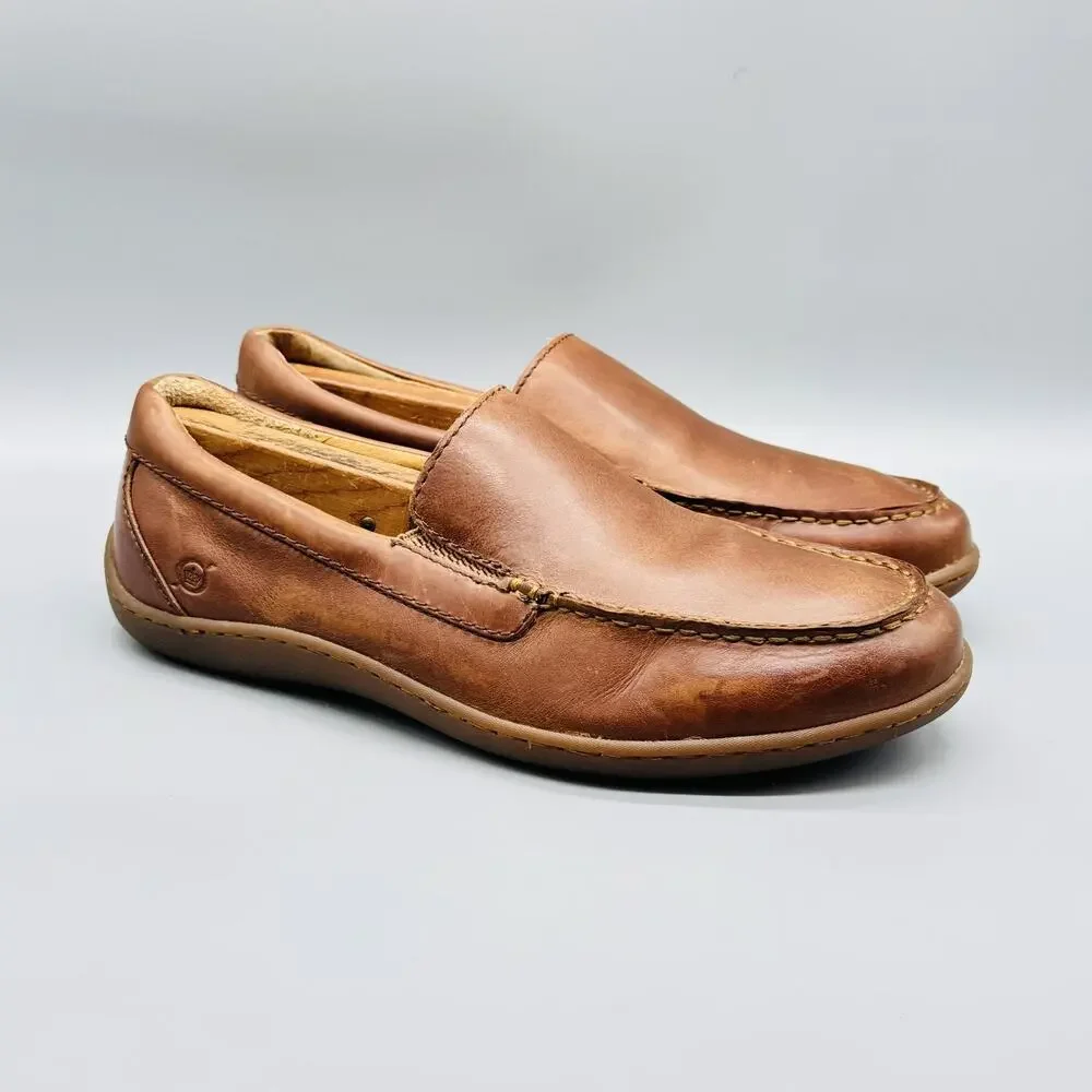 Born Shoes Men 9.5 Brown Leather Brompton Loafers Slip On Moc Toe Casual Comfort